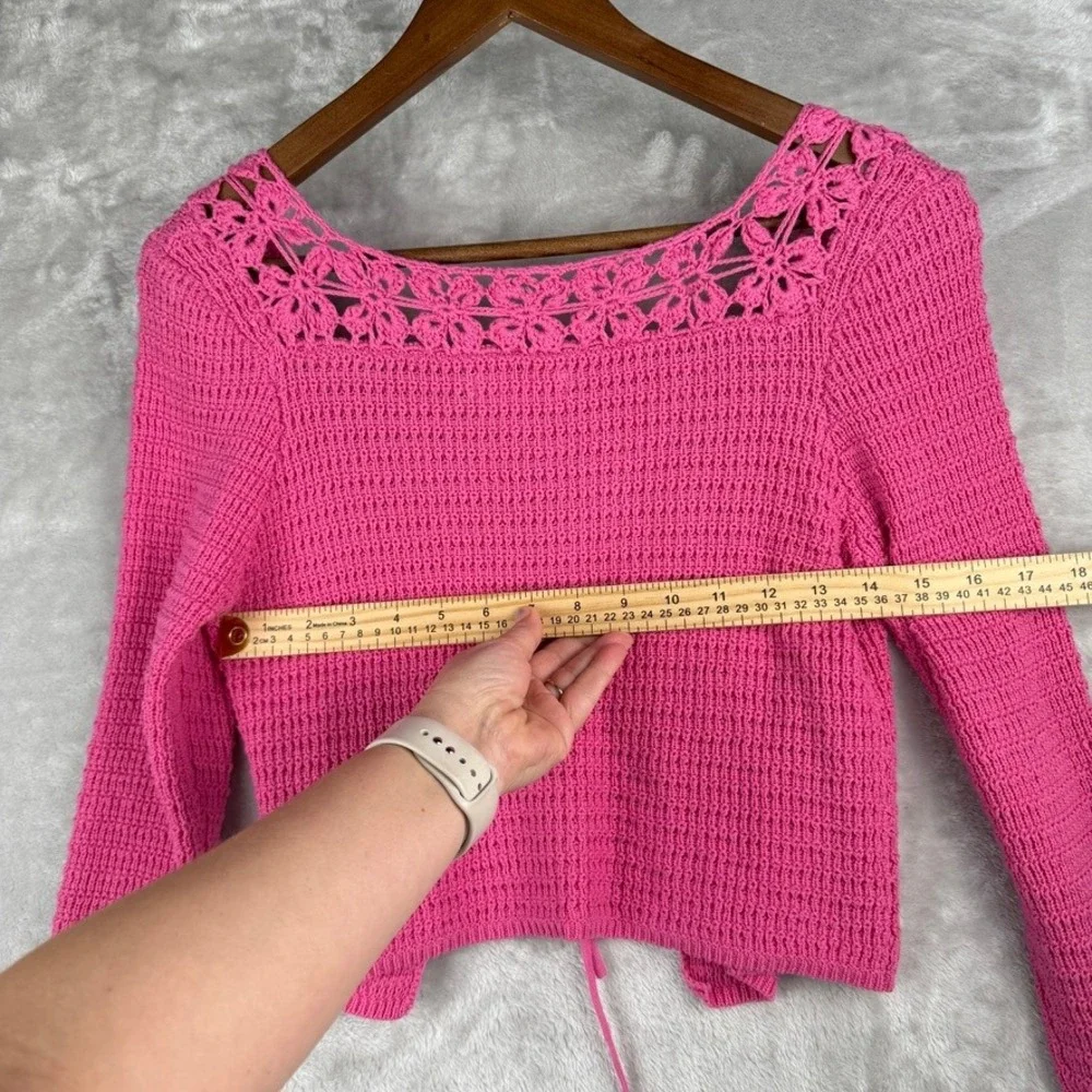 Wimsigoth Pink Crochet Square Neck Long Sleeve Sweater Top Women's Small‎